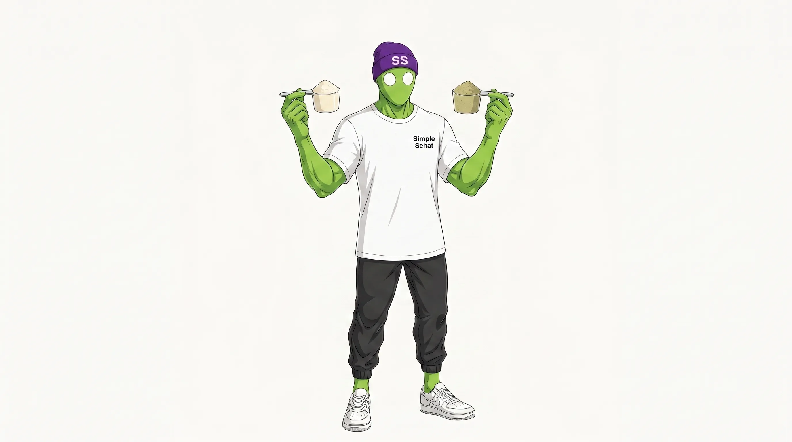 Bang Sehat membandingkan sekop bubuk whey protein dan protein nabati di dua tangannya