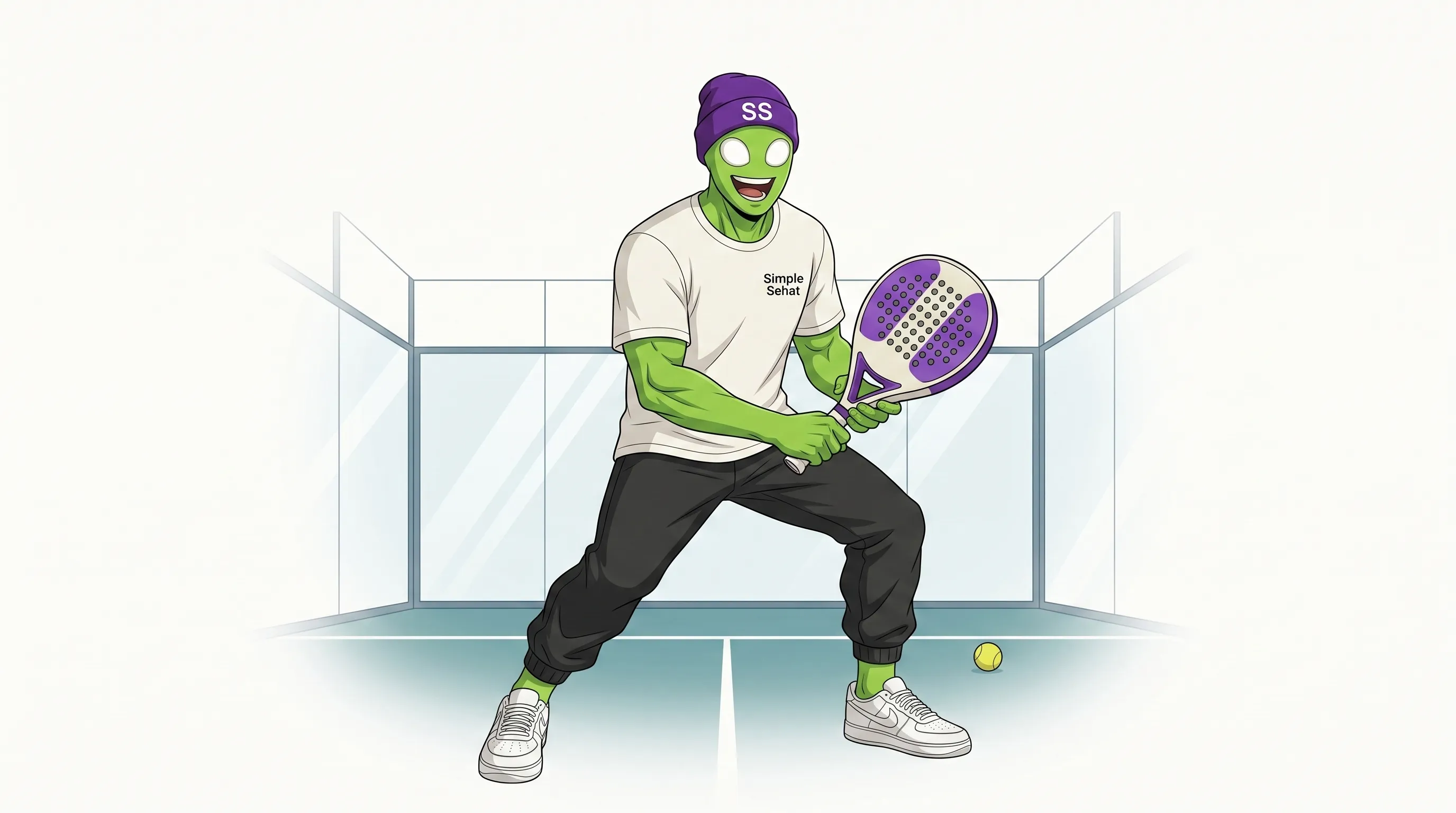 Bang Sehat bermain Padel dengan raket padel di lapangan kaca