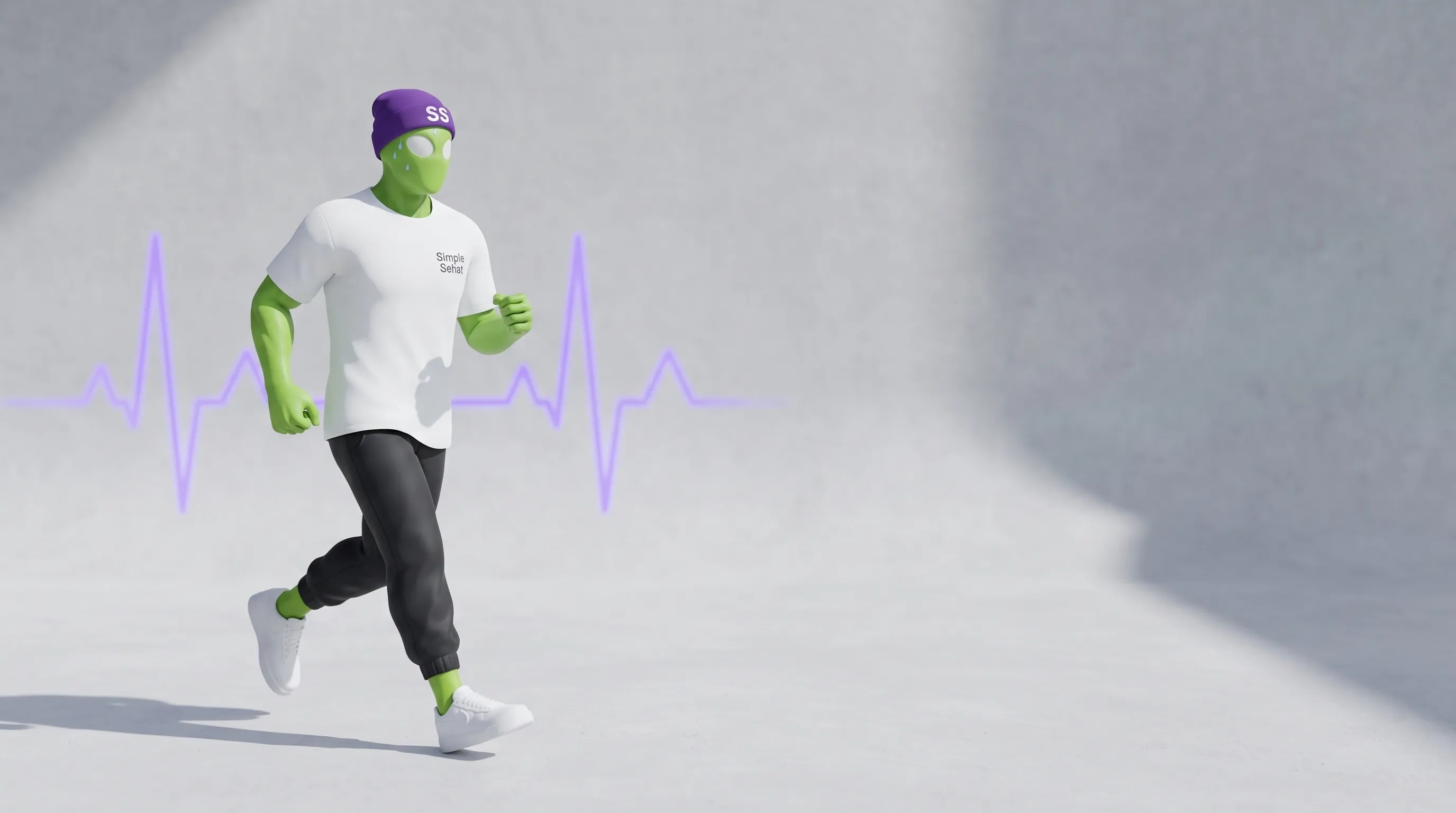Bang Sehat, maskot Simple Sehat, lagi jogging santai dengan garis detak jantung di belakangnya